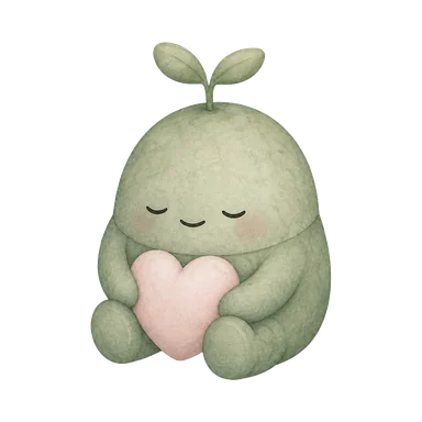 Moss, the sprout buddy, eyes closed, hugging a soft pink heart